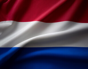 Dutch flag waving in the wind. Close up of Dutch banner blowing, soft and smooth silk. Cloth fabric texture ensign background. Use it for national day and country occasions concept