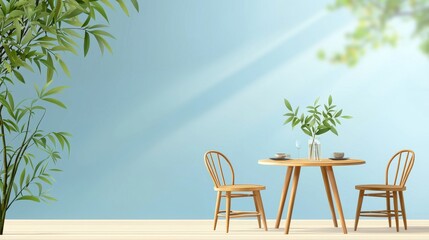 A serene dining setup with a wooden table, two chairs, and lush greenery against a soft blue backdrop.