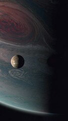 Wall Mural - Vertical Shot of Callisto and Jupiter with the Galilean Moon Casting a Shadow upon the Surface of the Gas Giant
