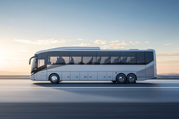 side view of modern tourist bus driving over sunset background. travel and transportation concept