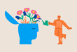 © Stranger Man - Mental health. Man watering flowers in head. Psychotherapy concept. Colorful vector illustration