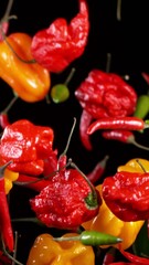 Poster - Super Slow Motion of Flying Colored Chilli Peppers. Black Background. Filmed on High Speed Cinema Camera, 1000 fps. Vertical Aspect Ratio.