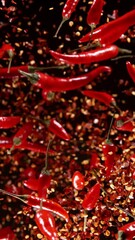 Poster - Super Slow Motion of Flying Colored Chilli Peppers. Black Background. Filmed on High Speed Cinema Camera, 1000 fps. Vertical Aspect Ratio.