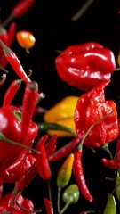 Poster - Super Slow Motion of Flying Colored Chilli Peppers. Black Background. Filmed on High Speed Cinema Camera, 1000 fps. Vertical Aspect Ratio.