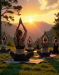 © Elena - Serene outdoor yoga session at sunset in scenic mountain landscape for health and wellness