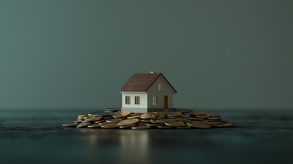 A small house model rests on a mound of gold coins, highlighting the relationship between property ownership and financial prosperity, set against a dark background