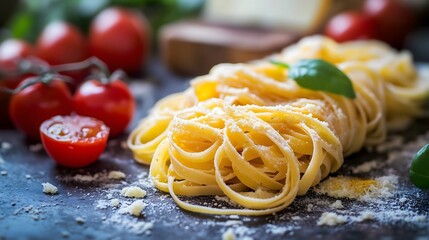 Fresh homemade spaghetti pasta with cherry tomatoes and basil leaf on rustic blue stone countertop, copy space