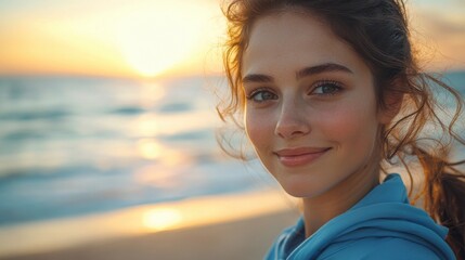 Wall Mural - Young woman at sunset beach, calm expression, wind-blown hair, peaceful seaside atmosphere, scenic beauty, golden hour portrait, relaxing ocean view, natural light outdoor vibe