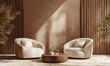 © ttonaorh - Modern interior design background with a brown wall mockup, two armchairs, and a coffee table on a light-colored floor in a minimalistic home decor style