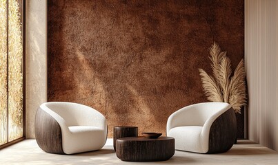 Modern interior design background with a brown wall mockup, two armchairs, and a coffee table on a light-colored floor in a minimalistic home decor style