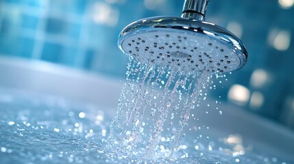 Water flowing from shower head with water droplets, close-up in modern bathroom, relaxing shower scene, refreshing clean water, hygiene, relaxation, morning routine