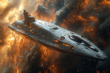 A luxury space cruise ship traveling through deep space, offering passengers a panoramic view of nebulae and distant stars. Generative AI