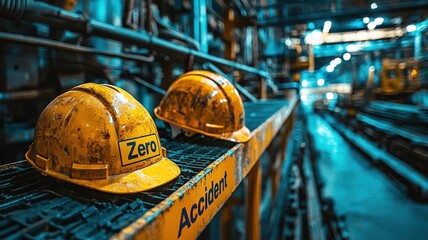 Two worn yellow hard hats rest on a safety rail in an industrial environment, highlighting themes of construction and worker safety.