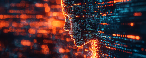 Poster - digital silhouette of human head with glowing data streams, representing cybersecurity and technolog