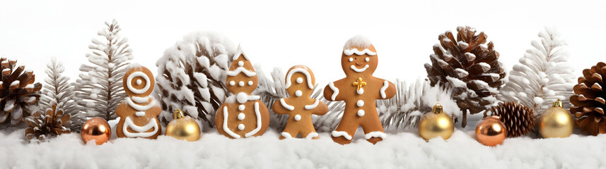 Wall Mural - gingerbread and golden christmas balls, pine cones and spruce branches in a row covered with snow on