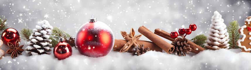 Wall Mural - red christmas balls, gingerbread piece and pine cones in a row with trees covered with snow and snow