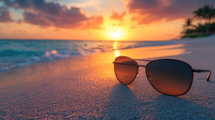 Wall Mural - Black sunglasses on sandy beach with sunset reflection, summer vacation mood, relaxing seaside view, beach accessory, golden hour, tropical sunset, horizon