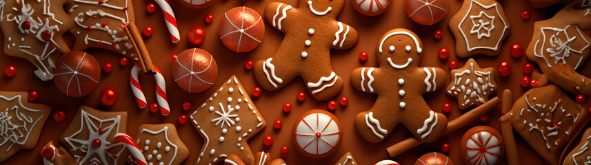 Wall Mural - Abstract background with Christmas gingerbread pieces and cookies on brown background. Horizontal composition.