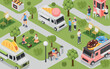 © MicroOne - Isometric street food festival. City park location with people and different cuisine trucks and counters. Human walking eating reading flawless vector background
