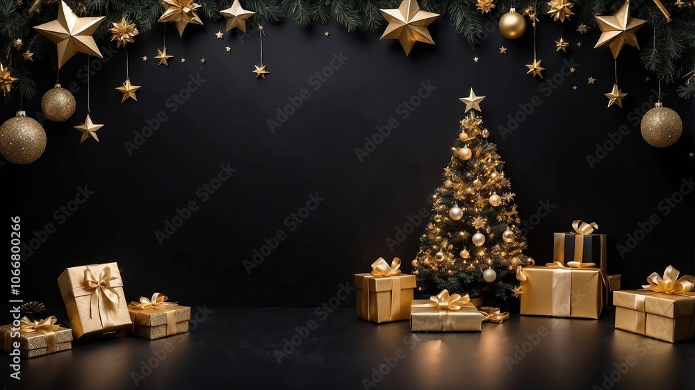 A black background with a golden Christmas tree and gifts in the ...