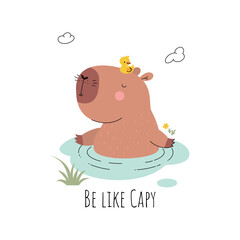 Funny capybara print. Cute rodent with mandarina duck on head sitting in water puddle. Childish mascot, wild exotic animal rest, nowaday vector character