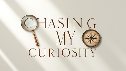 Curiosity-themed poster reading “Chasing My Curiosity” in elegant typography with a small magnifying glass or compass icon, on a clean, neutral background, conveying a sense of exploration.