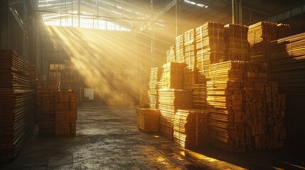 Wall Mural - Sunbeams Illuminating Stacked Wooden Boards in a Dusty Warehouse