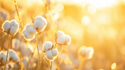 Wall Mural - Cotton bolls glow under the warm light of the setting sun, creating a serene and beautiful atmosphere in the field