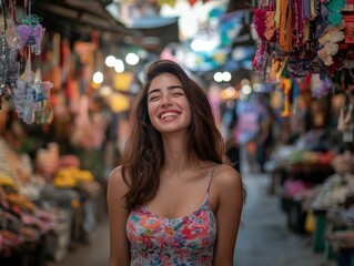 Happy young woman with medium-length hair in casual attire laughing while walking through a bustling outdoor market filled with colorful stalls and decorations