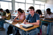 © CarlosBarquero - Portrait confident young Caucasian man student sitting at desk with classmates in classroom. Group high school colleagues working concentrated in class. Adolescent male poses looking happy at camera