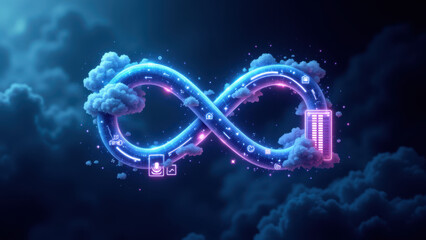 Wall Mural - Futuristic ci/cd automation concept with infinity loop and digital cloud background.
