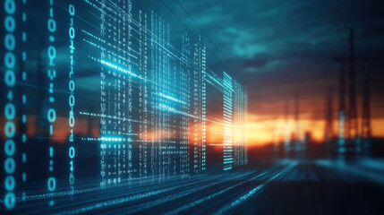 digital data streams and high voltage towers at sunset create futuristic landscape. glowing binary c
