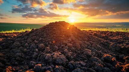 Wall Mural - A Pile of Dark Soil Illuminated by the Setting Sun