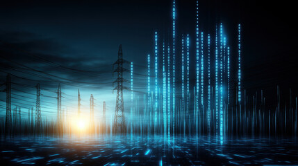 digital representation of electric substation at dusk, featuring power lines and binary code element