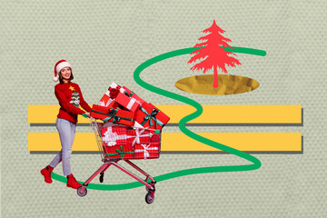 Wall Mural - Composite photo collage of happy girl ride new year shopping present trolley way xmas tree celebration isolated on painted background