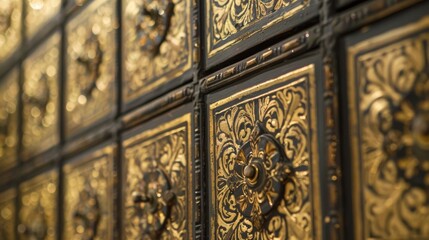 Wall Mural - Capturing a vintage wooden cabinet with stunning gold floral designs and metal accents, showcasing intricate craftsmanship and ornate decoration, adding a touch of luxury to any interior setting