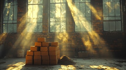 Wall Mural - Stacked Bricks Illuminated by Sunlight Streaming Through Windows in a Brick Building