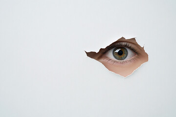 Human eye looking through hole in white wall