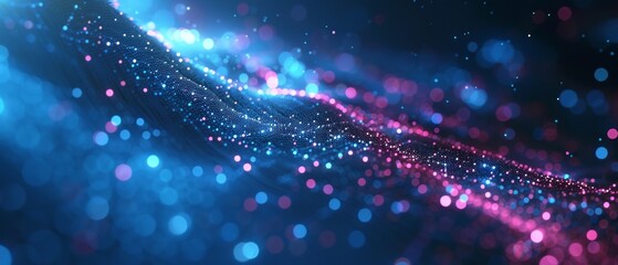 Wall Mural - digital artwork shows a flow of interconnected blue and pink dots, conveying movement and data proce