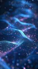 Wall Mural - computer-generated abstract image: dynamic particles emit glowing blue and pink hues, creating wave-