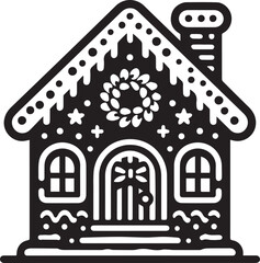 Festive Gingerbread House Icon for Holiday Cheer. A charming black and white icon of a decorated gingerbread house.