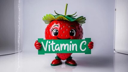 Wall Mural - Cartoon happy character strawberry berry with sign inscription vitamin C

