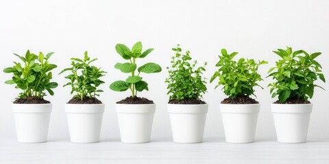 Six vibrant green plants in white pots on a bright background.