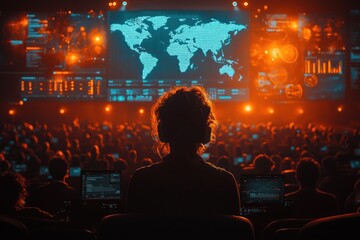 Poster - Silhouette of a Person in a Dark Auditorium with Screens Displaying Data