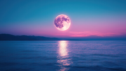 Wall Mural - Breathtaking view of the full moon in a colorful night sky above a tranquil ocean landscape