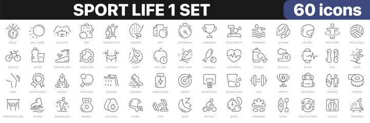 Wall Mural - Sport life 1 set line icons collection. Fitness, diet, competition, achievement, target, athletic icons. UI icon set. Thin outline icons pack. Vector illustration EPS10