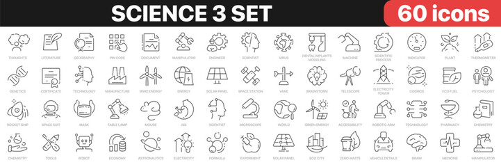 Poster - Science 3 set line icons collection. Technology, research, medicine, education, robotic, school icons. UI icon set. Thin outline icons pack. Vector illustration EPS10