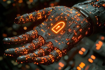 Aufkleber - A robotic hand with glowing lights and a glowing padlock symbol on the palm
