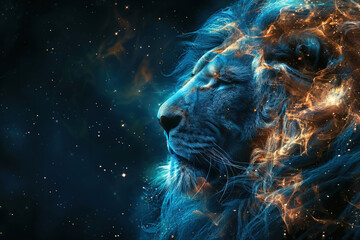 Leo predator with mane, man face symbol of constellation of zodiac horoscope of east, blue fiery neon background.