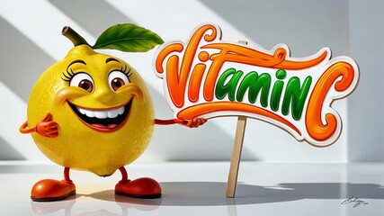 Wall Mural - Cartoon happy character lemon with sign inscription vitamin C